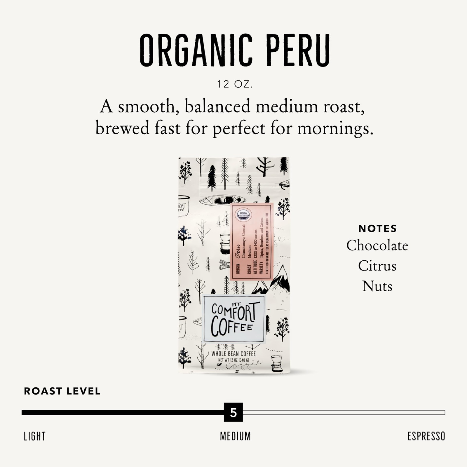 Mt. Comfort Coffee Organic Peru Medium Roast Coffee Beans 12oz
