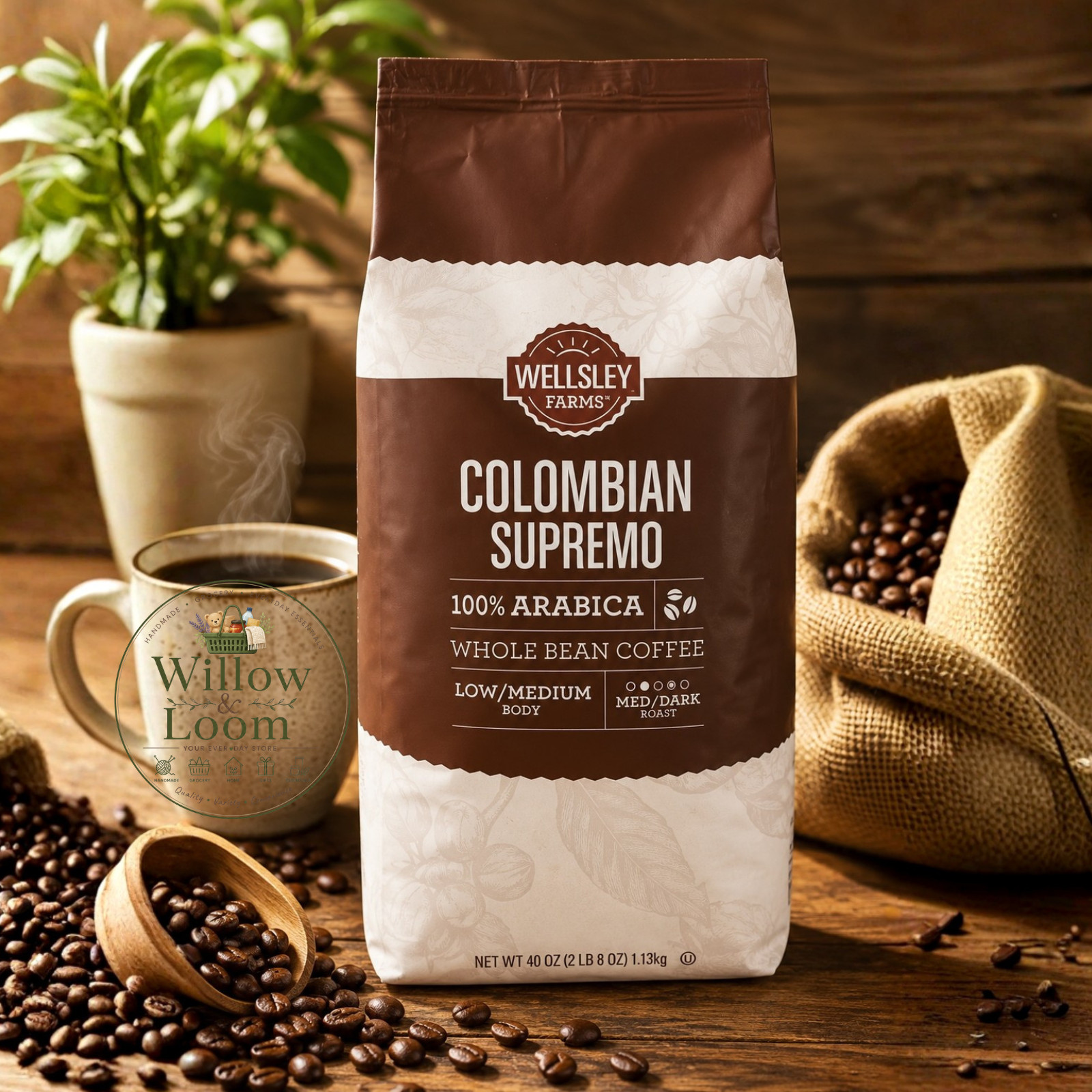 Wellsley Farms Colombian Supremo Whole Bean Coffee 40 oz 100% ARABICA 2 lb Bag