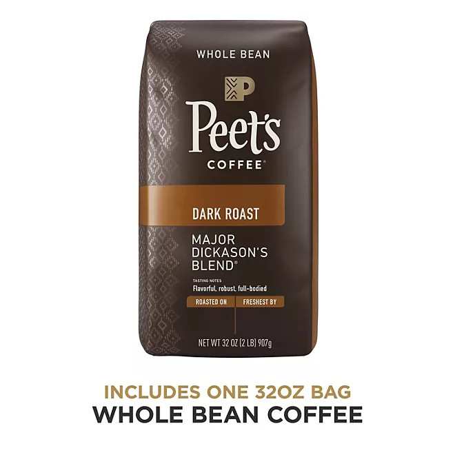 2 Packs Peet’s Coffee Major Dickason’s Blend DARK ROAST, Whole Bean, 32 oz. each