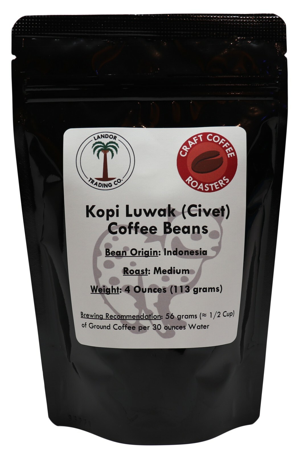 Kopi Luwak Coffee 4 Oz (113 grams) – Whole Bean – Medium Roast – 100% Pure