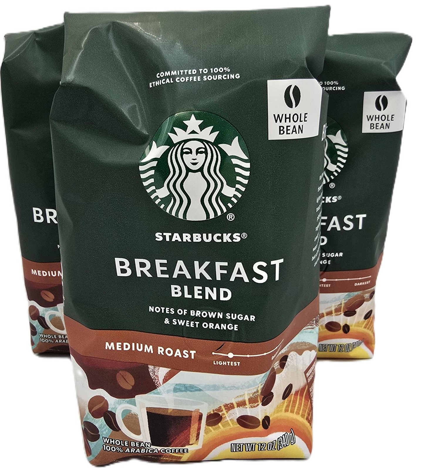 Starbucks Whole Bean Med Roast Coffee Breakfast Blend 3/12oz Bags SEE DESCRIPTIO