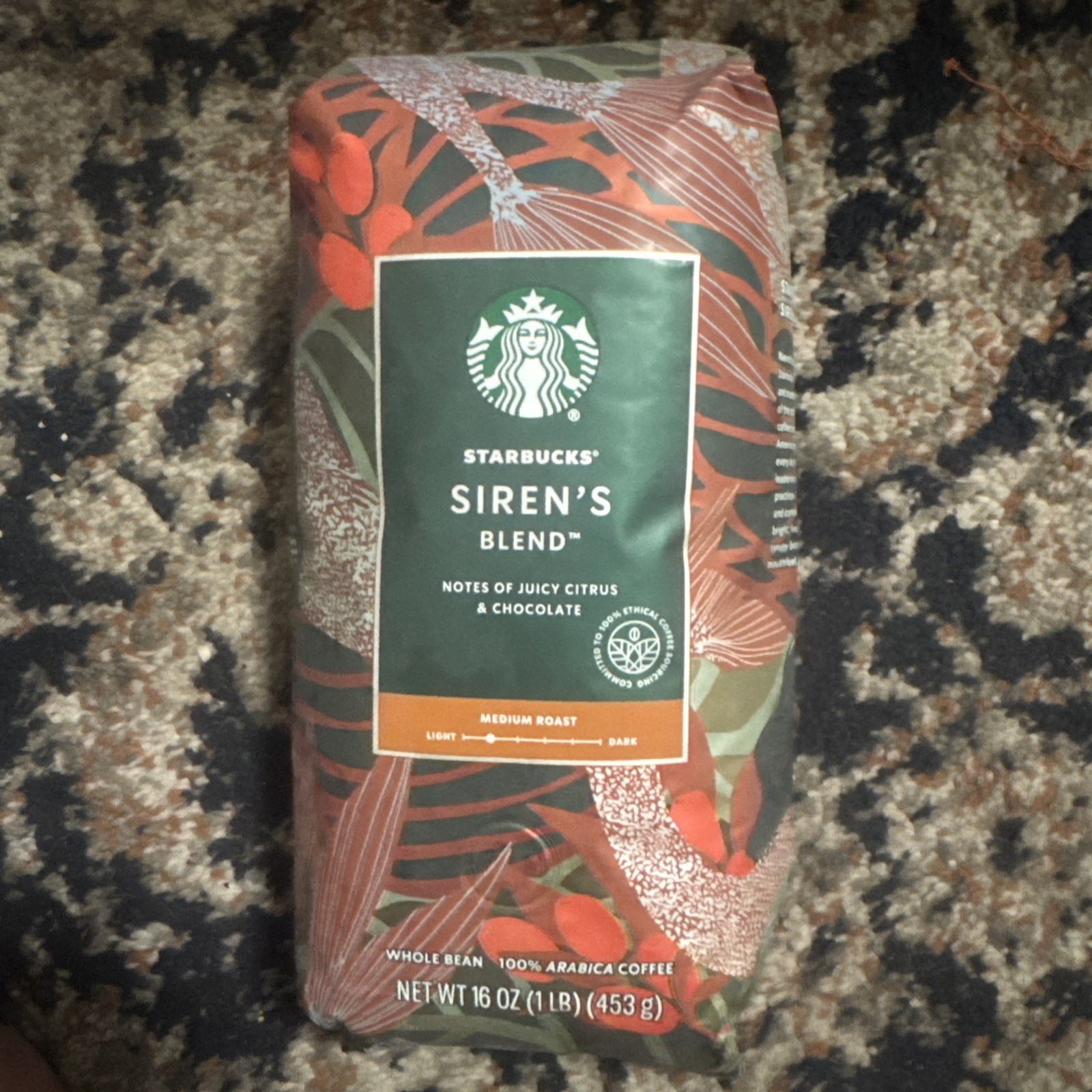 Starbucks Siren’s Blend Medium Roast Whole Bean Coffee 1lb / 16oz / 453g Bag