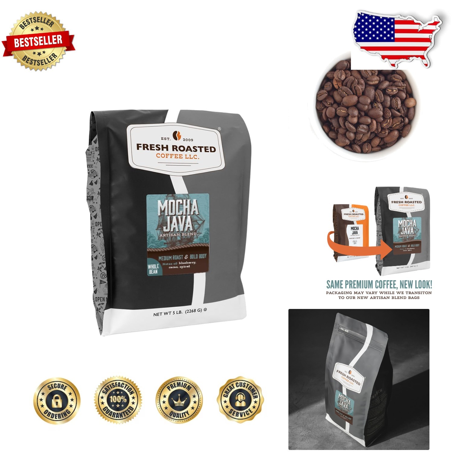 Kosher Mocha Java Coffee Beans – 80oz Medium Roast, Artisan Blend, Cacao Flavor