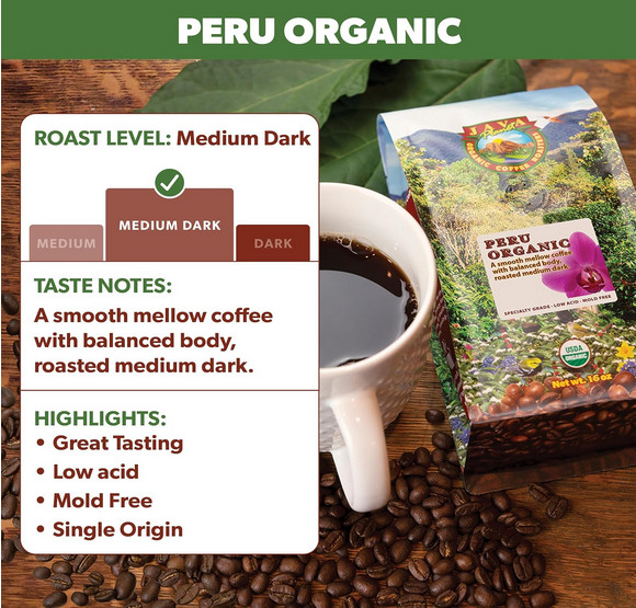 Java Planet Low Acid Coffee Whole Bean Peru Medium Dark Organic 16oz