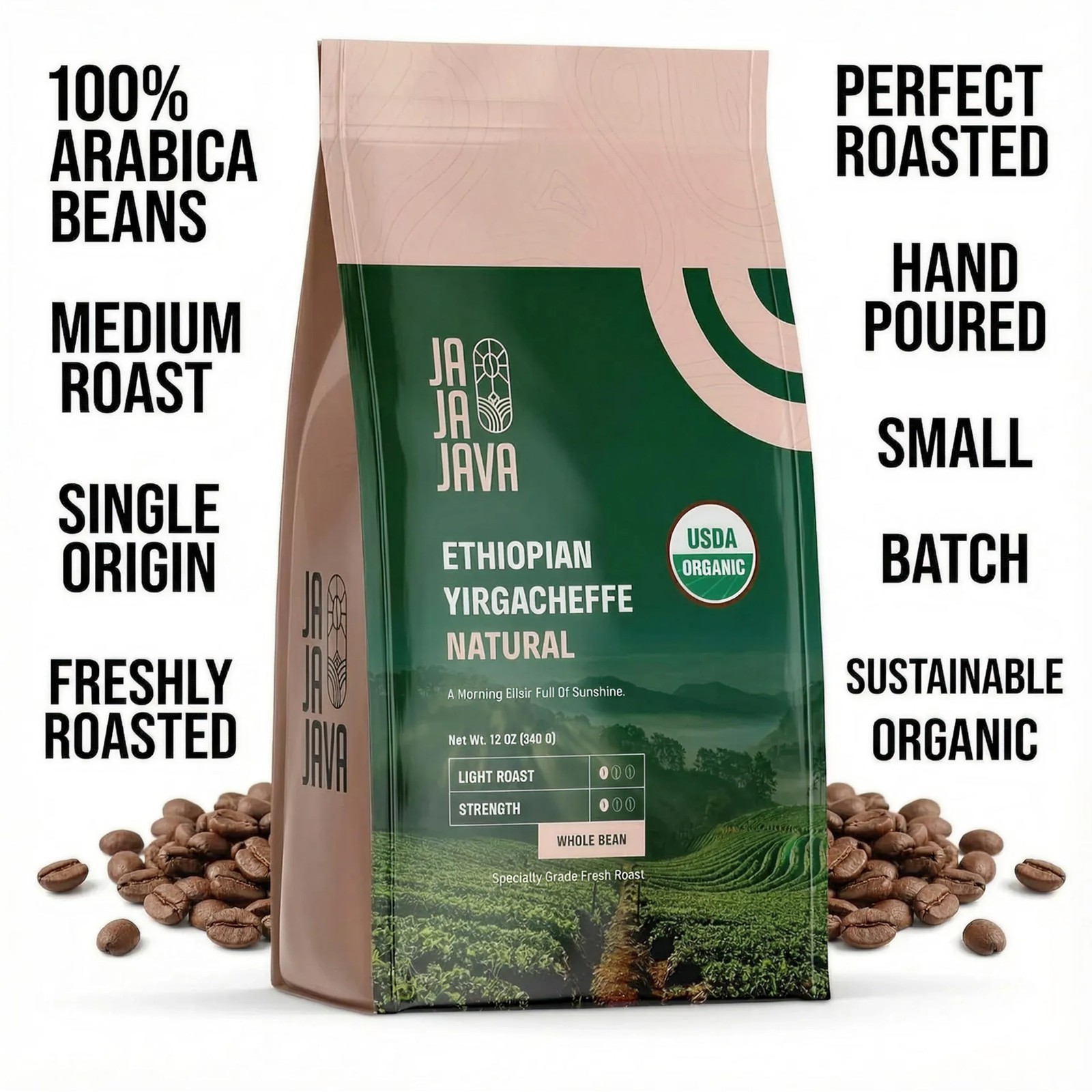 JaJa Java Ethiopian Yirgacheffe Natural Whole Bean Coffee, Light Roast, 12 Ou…