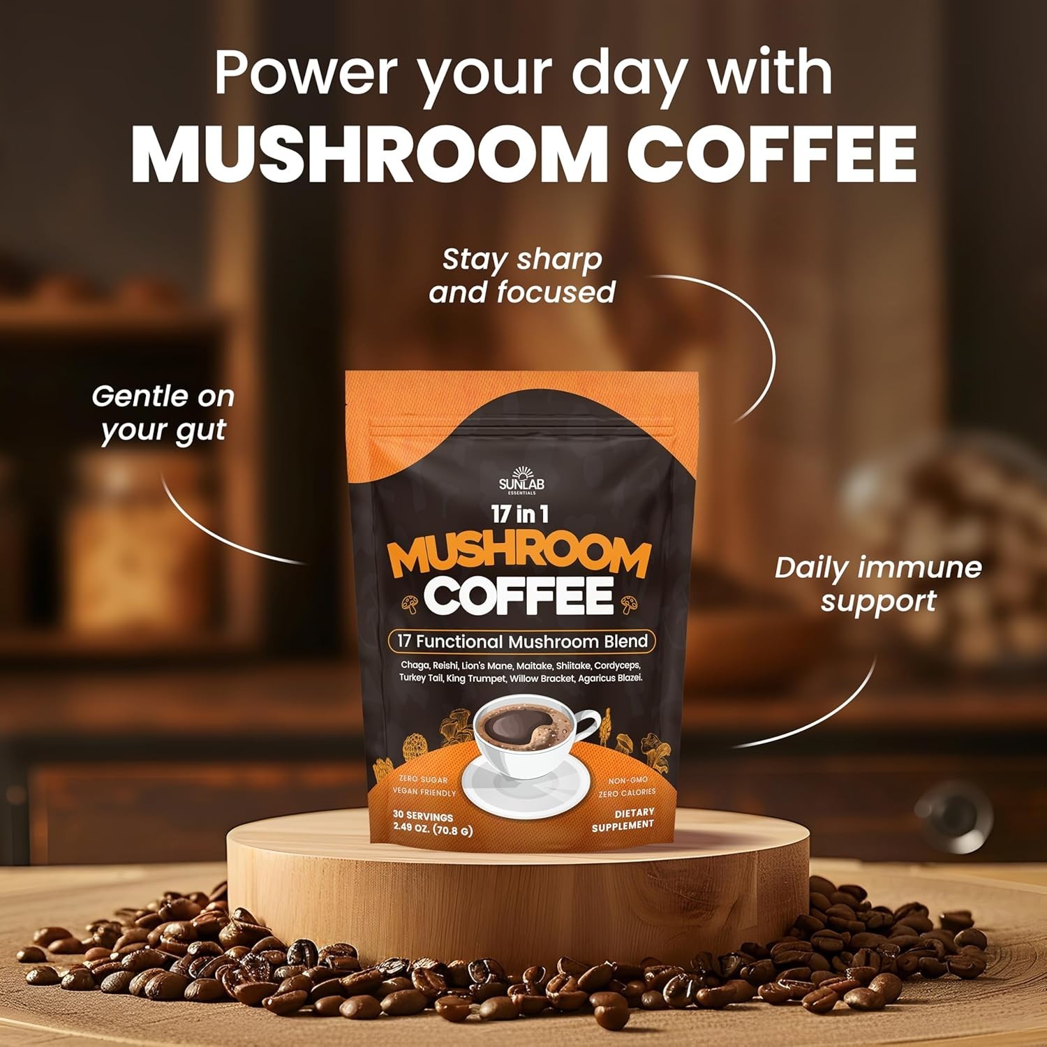 Organic Mushroom Coffee 17 Functional Mushroom Blend Instant Coffee 30 Servings