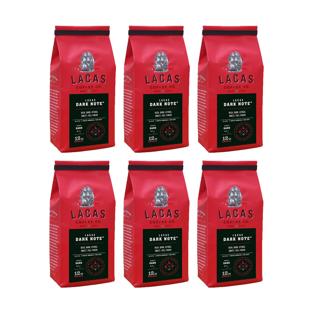 Lacas Dark Note, Medium Fine Ground Coffee, 6-Pack, 12oz Each