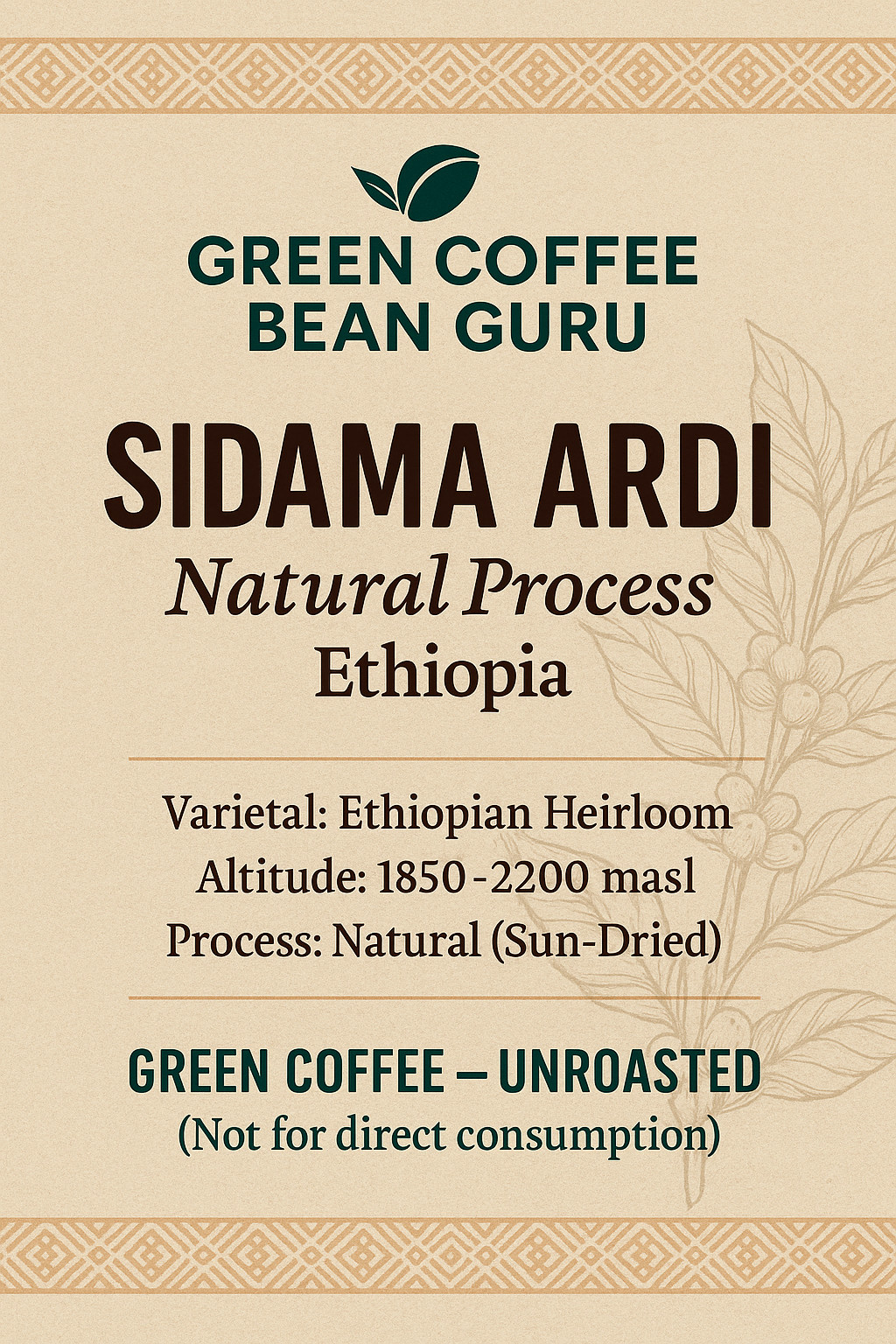 5 LB Sidama Ardi Ethiopian Green Coffee Beans | Natural Process | Unroasted