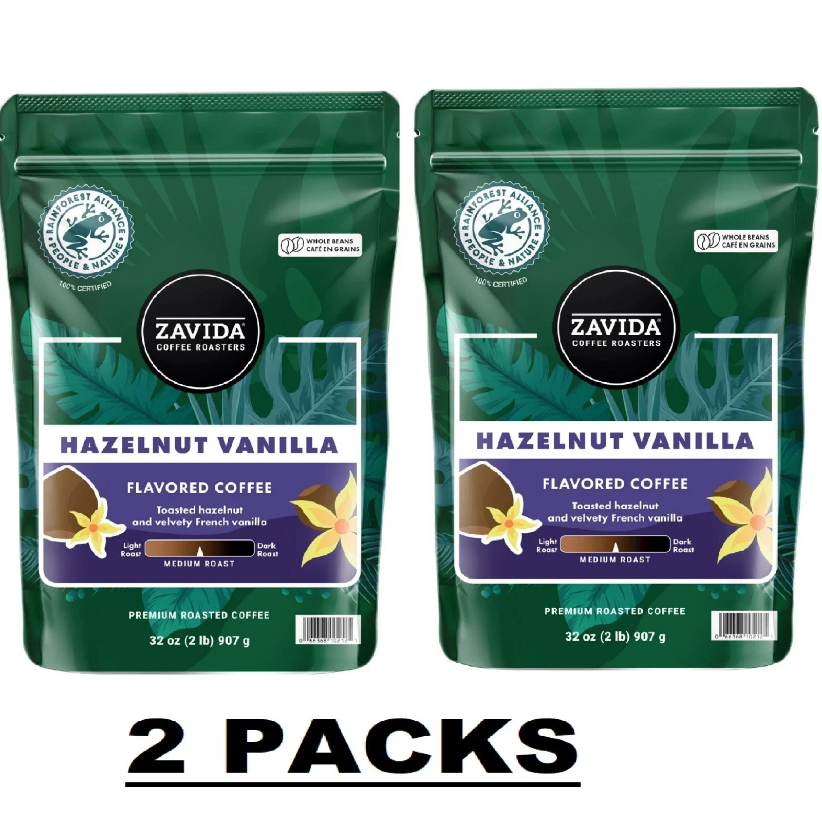 2 PACK – Zavida Coffee Whole Bean Coffee Hazelnut Vanilla 32 oz (Total 64 oz)