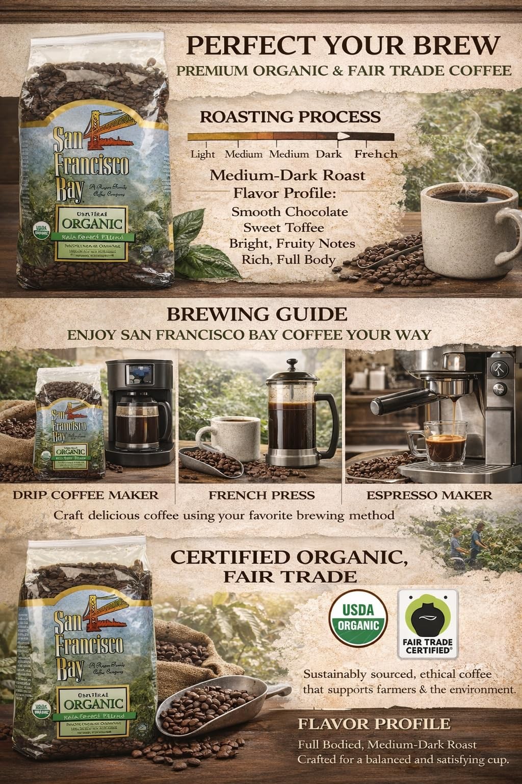 San Francisco Bay 100% Organic Coffee Rainforest Blend Whole Bean 3 Lbs