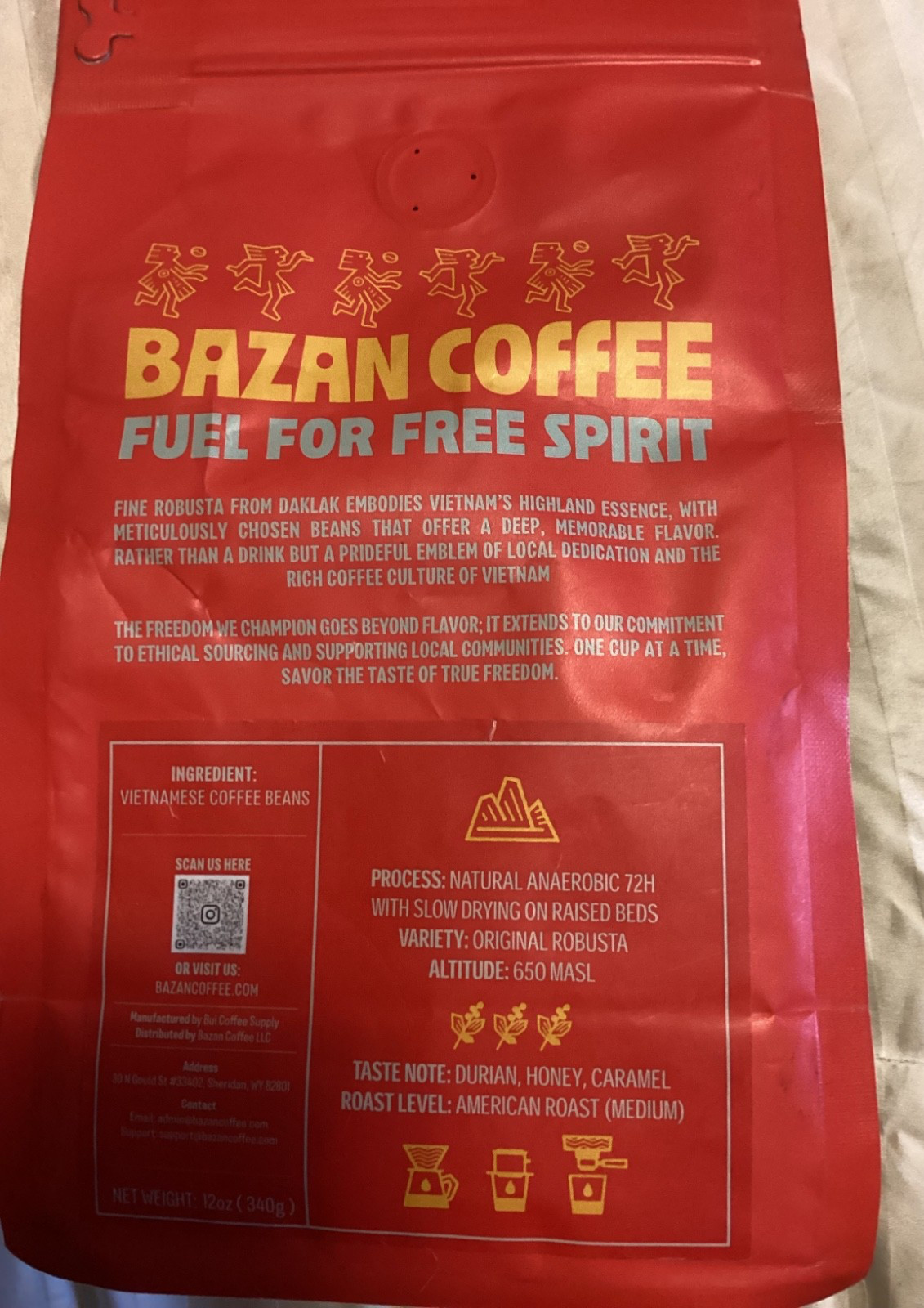 BAZAN COFFEE Fine Robusta Vietnamese Whole Bean, 12 Ounces, BB 08/03/26