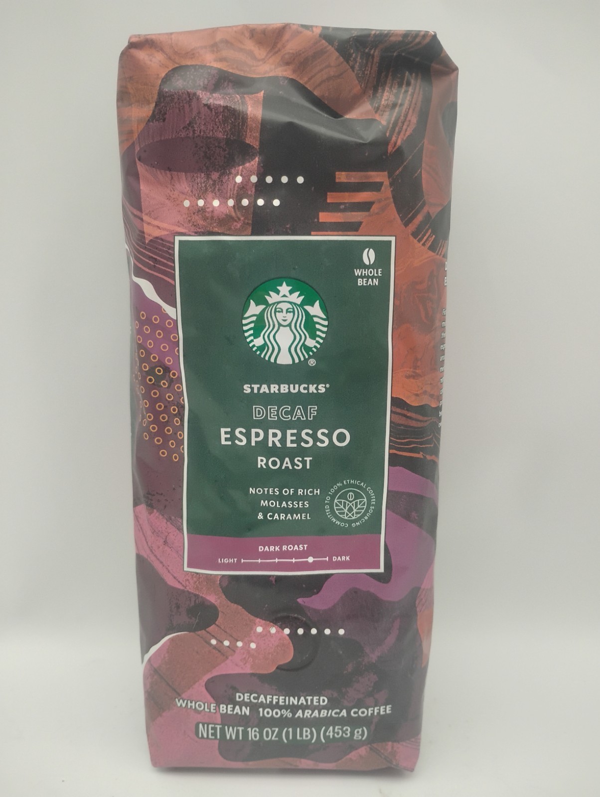 Starbucks Decaf Espresso Dark Roast Whole Bean Coffee 2-1lb / 16oz Bags