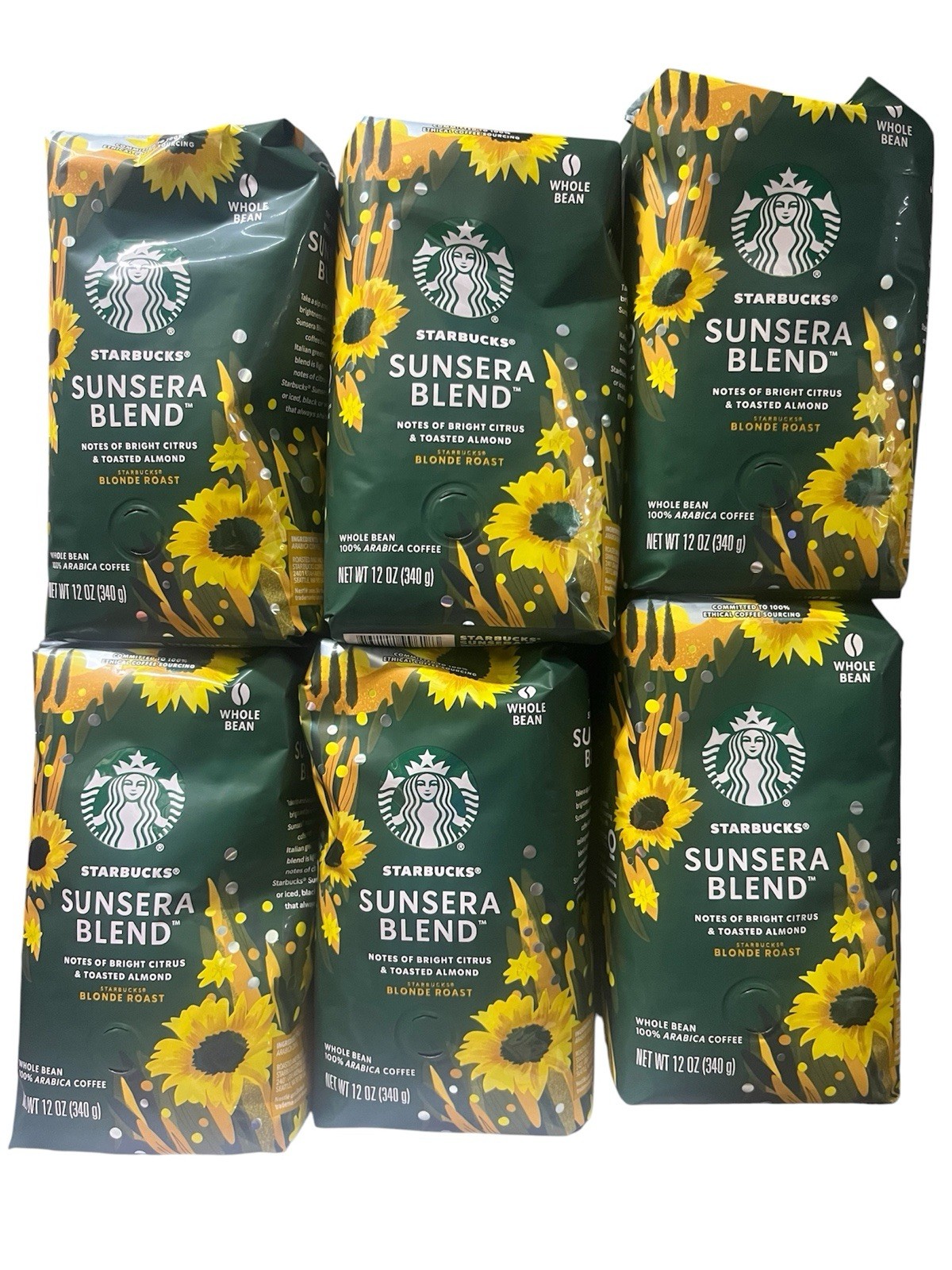 6 x Starbucks Sunsera Blend Light Roast Whole Bean Coffee 12oz each. EXP 07/2026