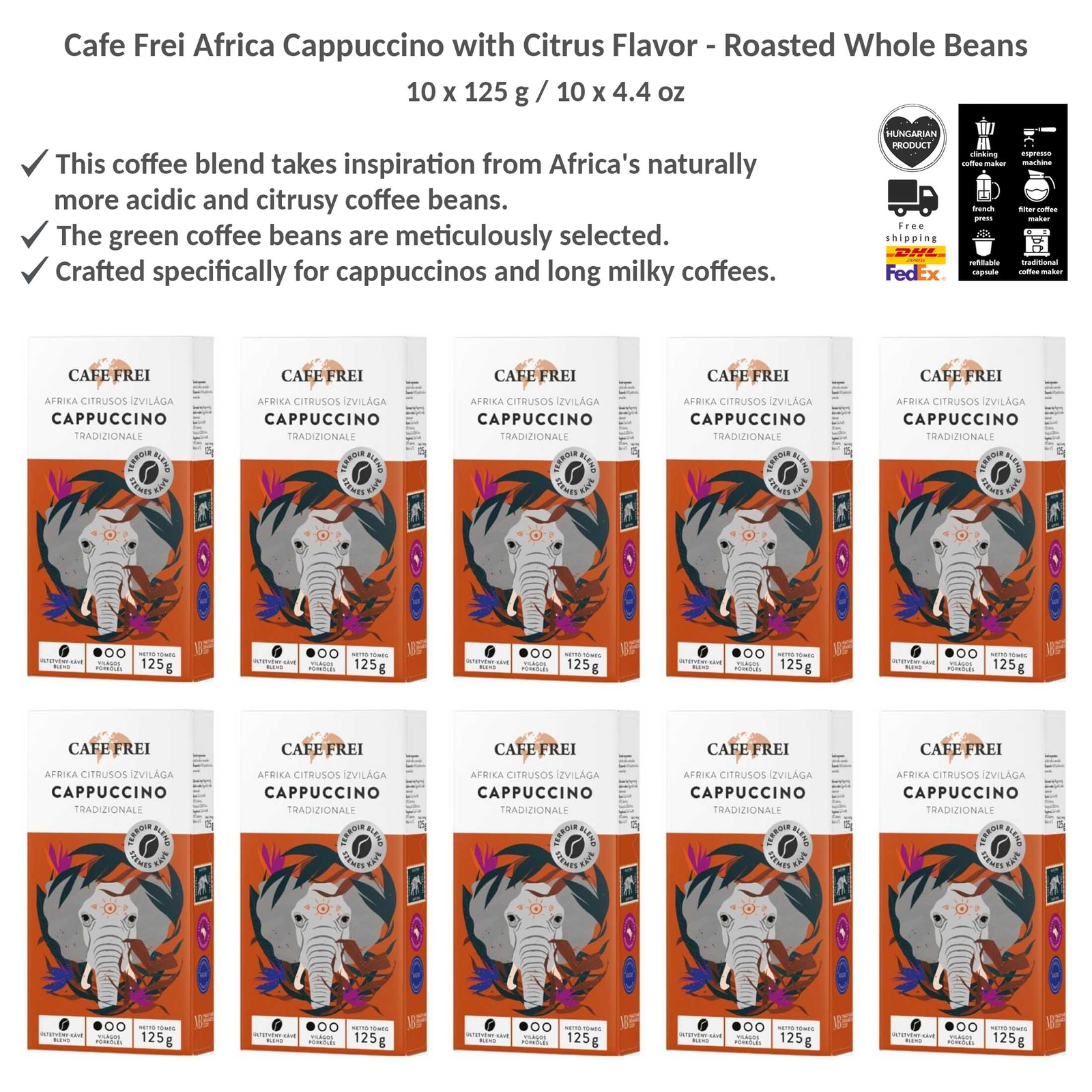 Cafe Frei Citrus Cappuccino Flavored Coffee Roasted 100% Arabica Beans 10x125g