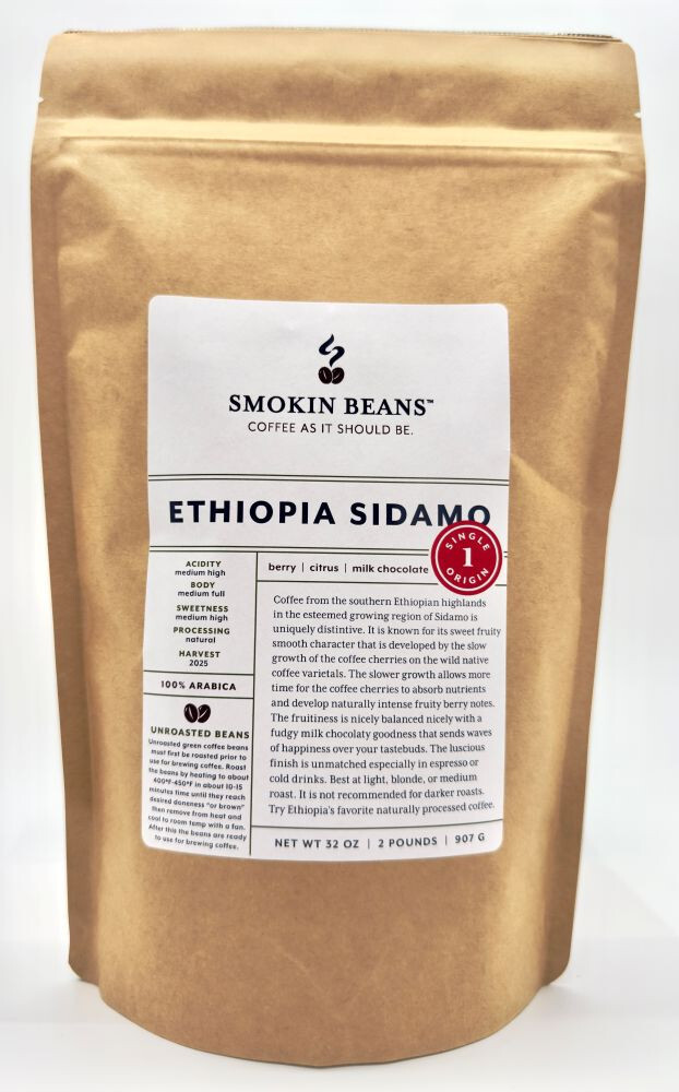 2lb/40lb – Ethiopian Sidamo – Premium Organic Unroasted Green Coffee Beans