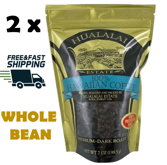 ✔️Lot of 2 Bags 100% HAWAIIAN COFFEE HUALALAI ESTATE Kona Hawaii 7oz WHOLE BEAN