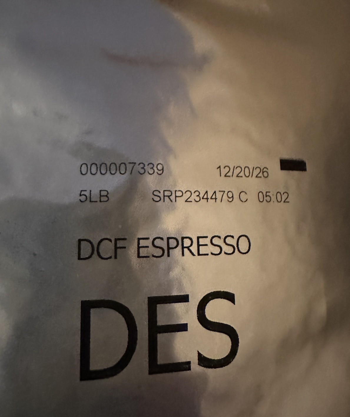 Starbucks 5lb Bag Decaf Espresso Beans Whole BB 12/20/2026 New Never Opened