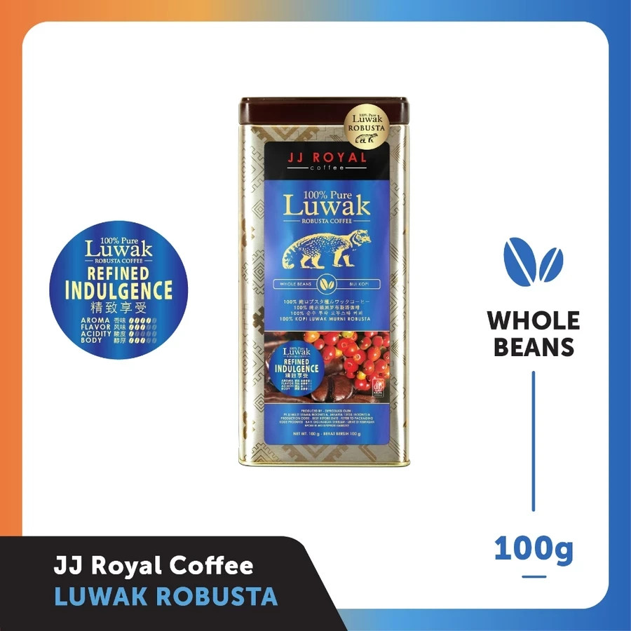 JJ Royal 100% Pure Luwak Robusta Coffee 100g Ground or Whole Bean Indonesian