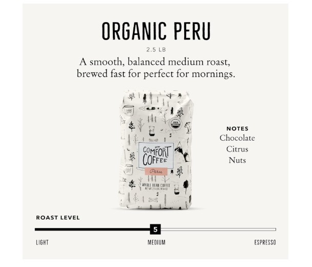Mt. Comfort Organic Peru Medium Roast Whole Been Coffee 2.5 Lb Bag