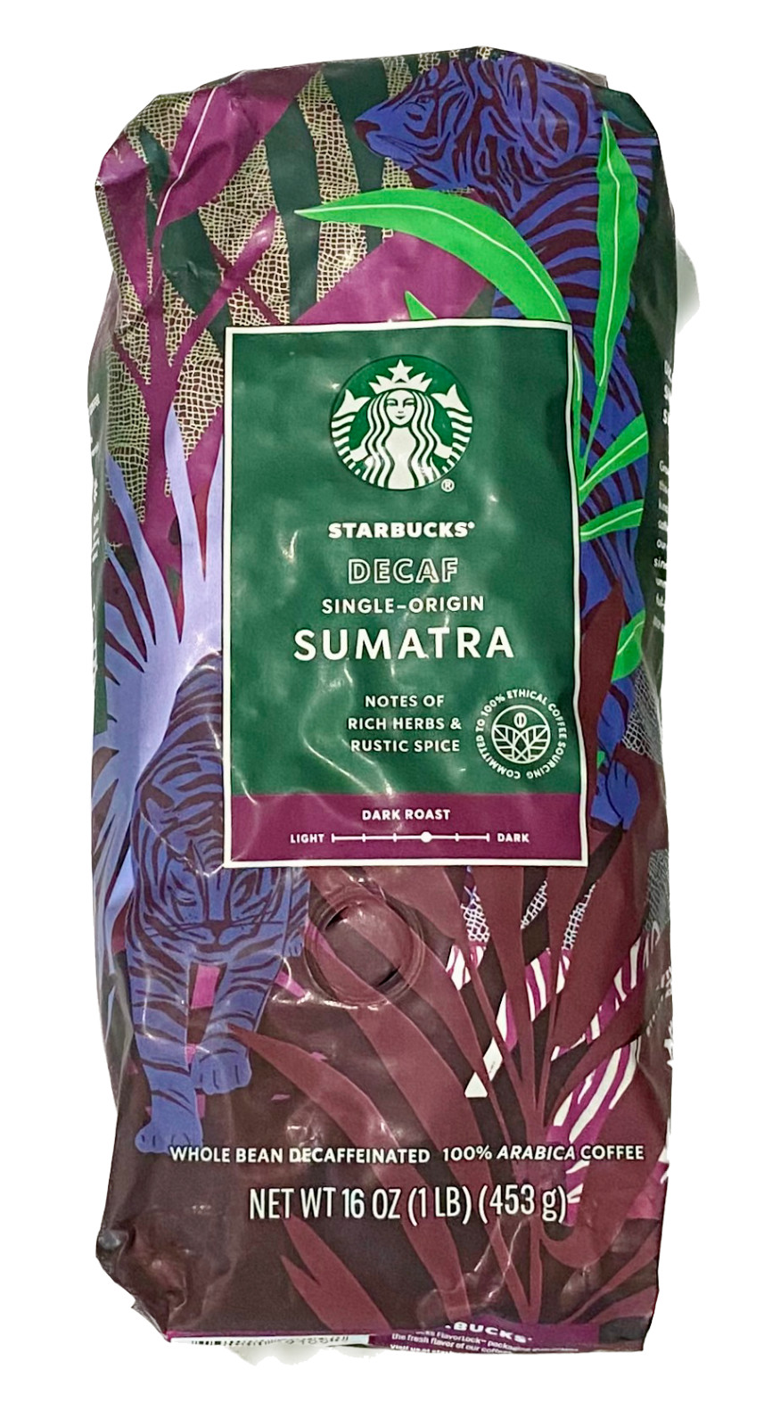 Starbucks Decaf Sumatra Single Origin Whole Bean Coffee 1lb / 16oz Bag