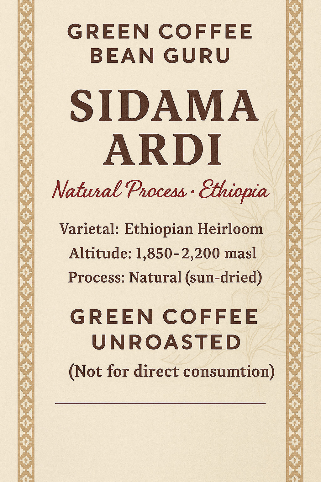 5 LB Sidama Ardi Ethiopian Green Coffee Beans | Natural Process | Unroasted