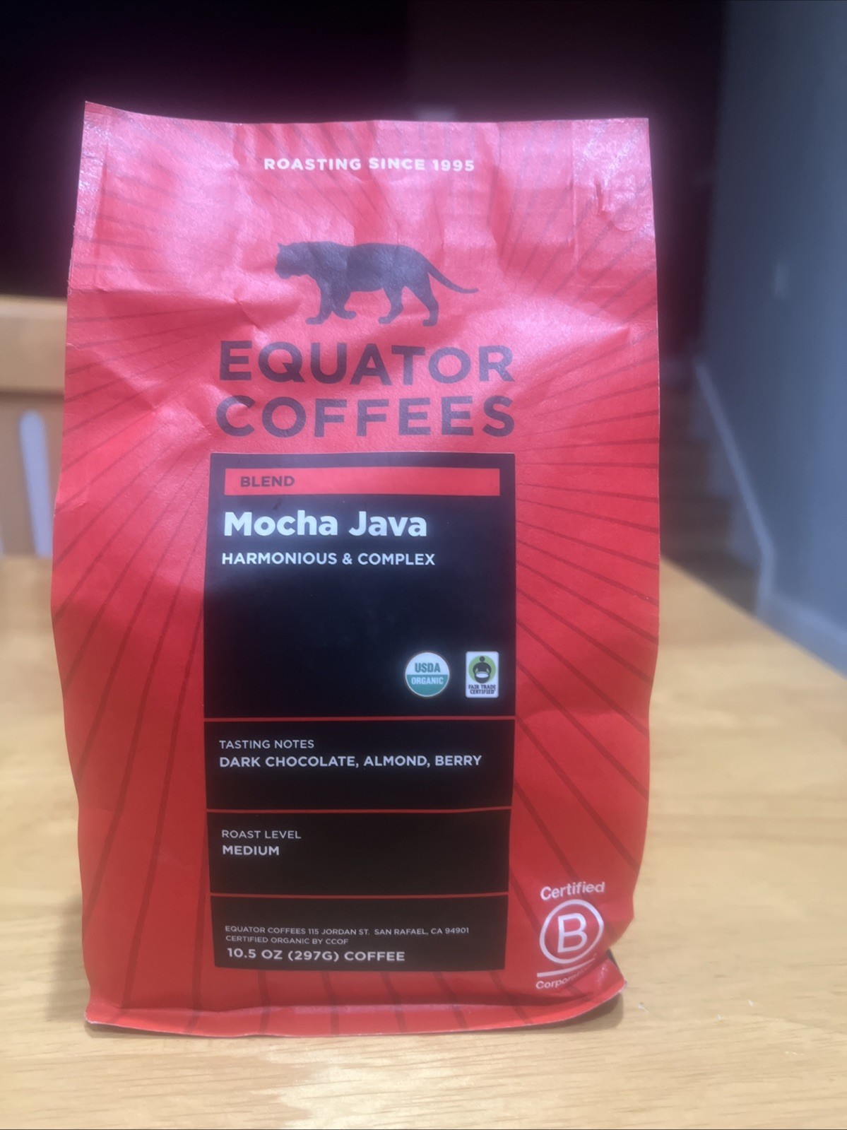 Equator Coffees, Mocha Java Blend, Organic Whole Bean Coffee, Medium Dark Roast,