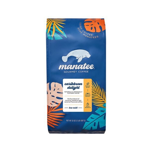 New Manatee Caribbean Delight Medium Roast Whole Bean Coffee 2 Pound Bag
