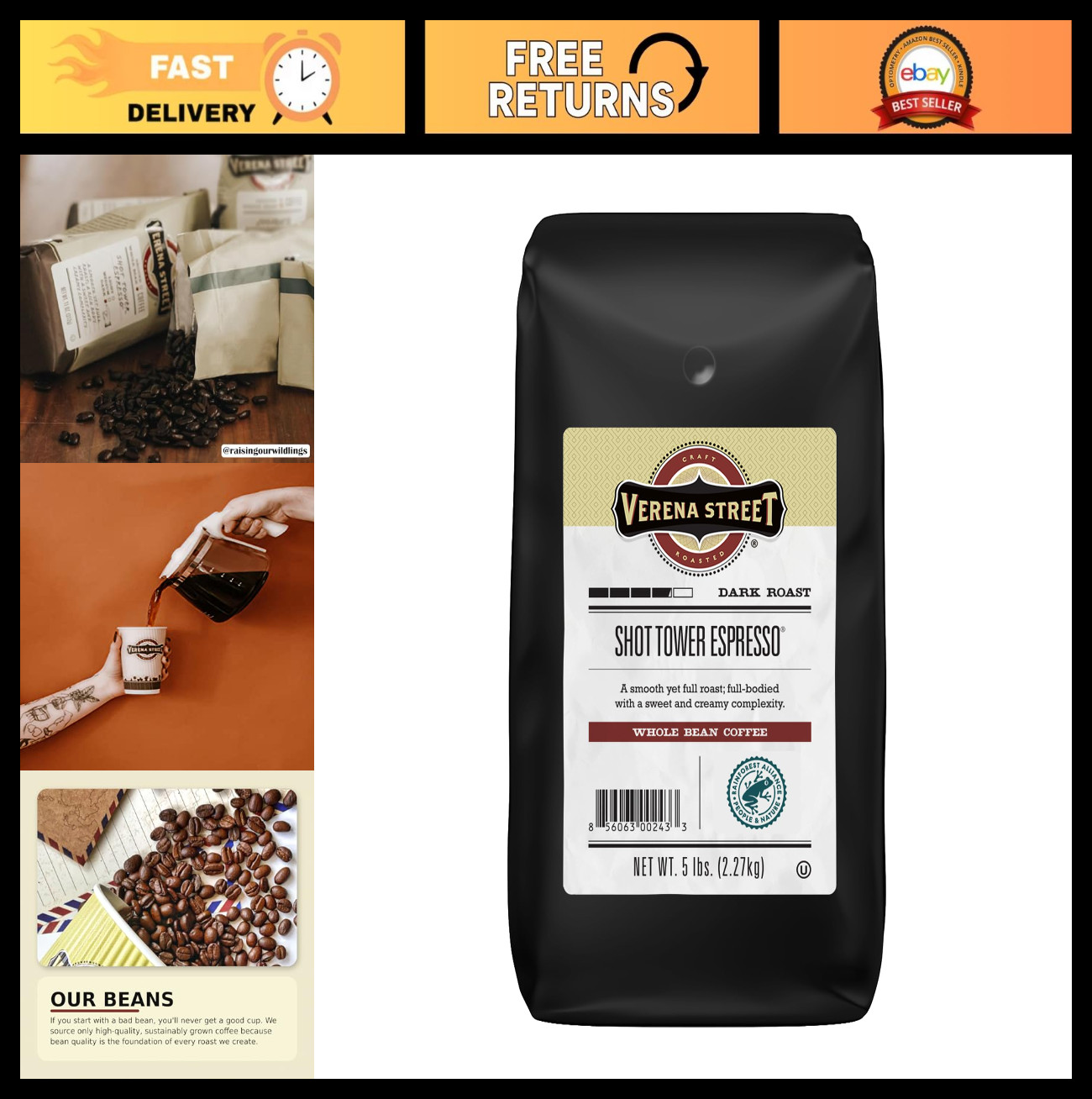 5lb Espresso Beans – Shot Tower Whole Bean, Rainforest Alliance Certified Arabic