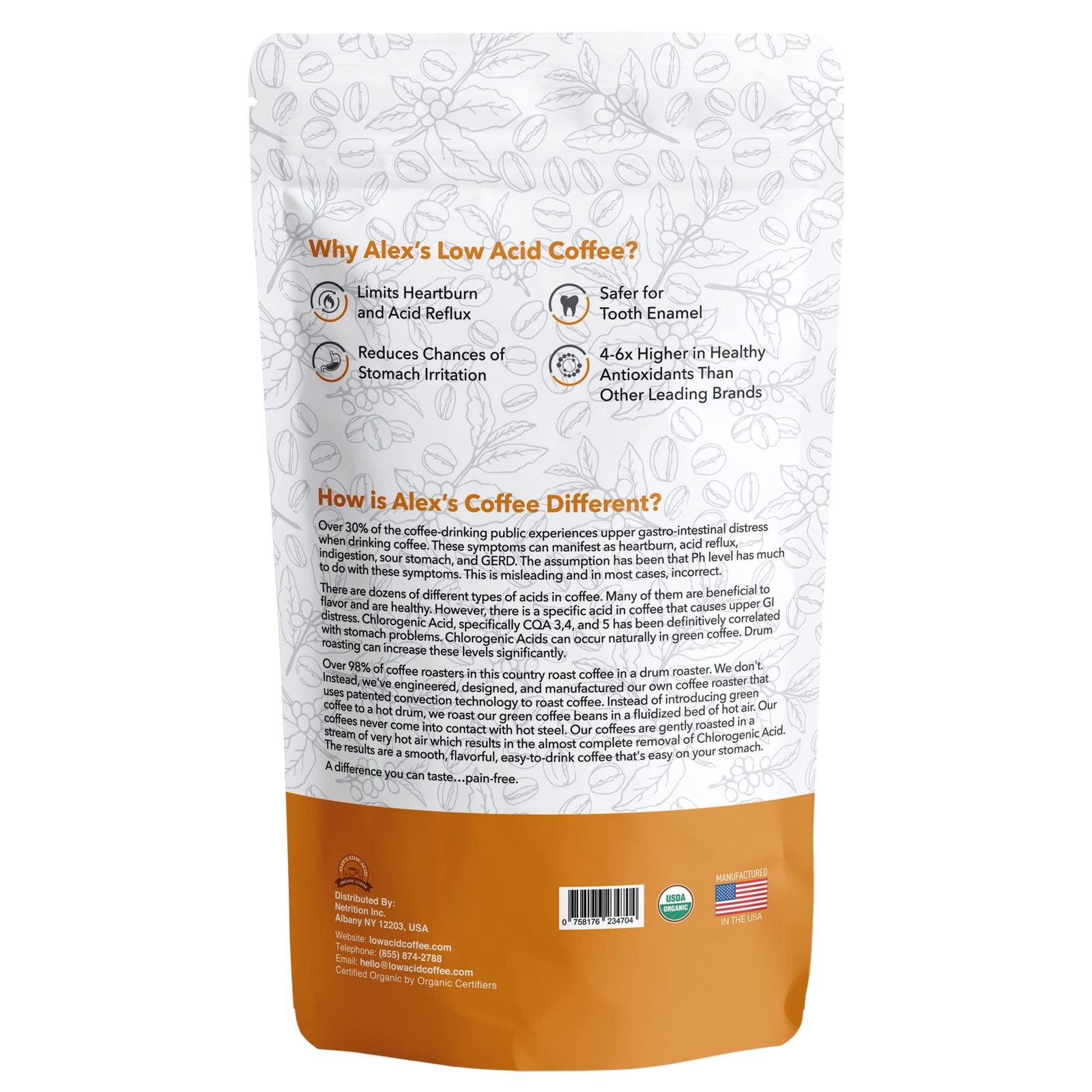 Alex’s Low Acid Organic Coffee 12oz Bag Whole Bean French Roast Pack of 1