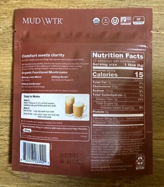 MUD WTR Vanilla Chai Mushroom Coffee Alternative 2.1 oz Caffeine Free New
