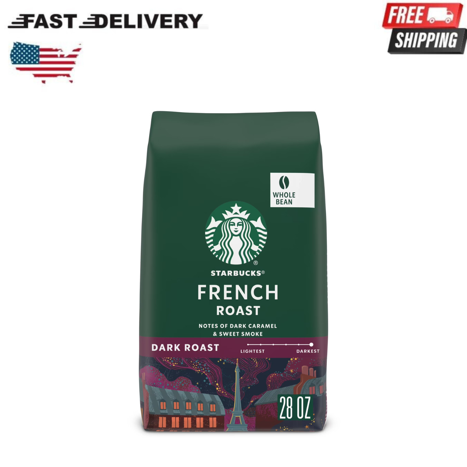 Starbucks French Roast, Whole Coffee Beans, Dark Roast Hot or Iced Coffee, 28 oz