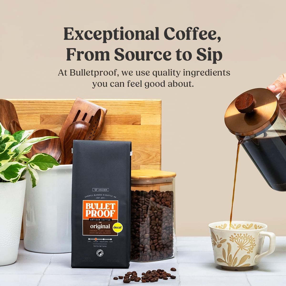 Bulletproof Original Medium Roast Whole Bean Decaf Coffee, Clean Coffee Tested f