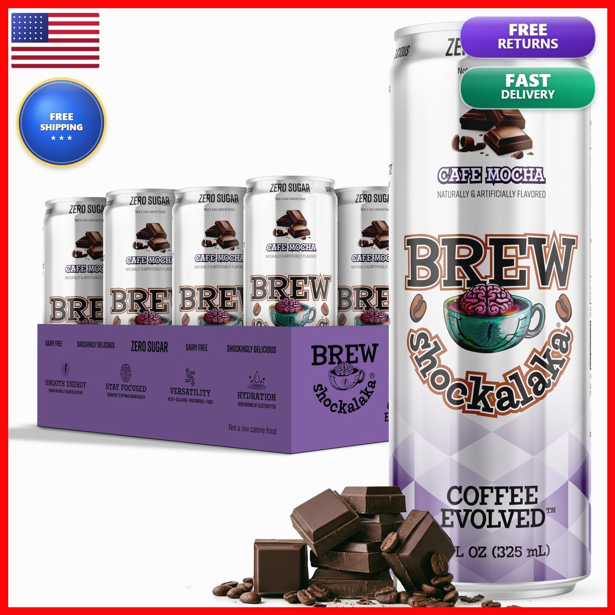 Brew Shockalaka Cafe Mocha Coffee RTD Zero Sugar 11 FL OZ 12 Pack