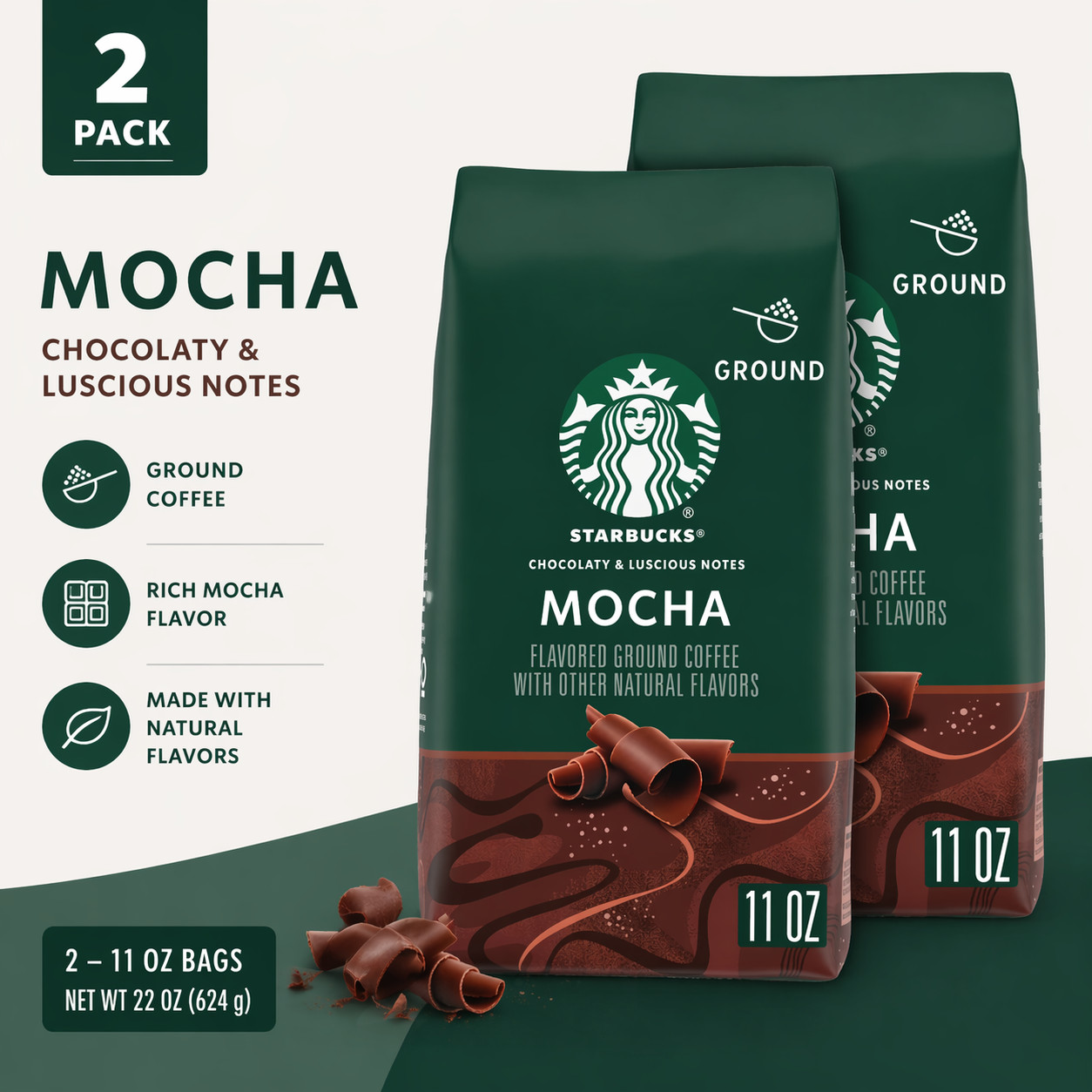 Starbucks Arabica Beans Mocha, Naturally Flavored, Ground Coffee, 11 oz 2PK