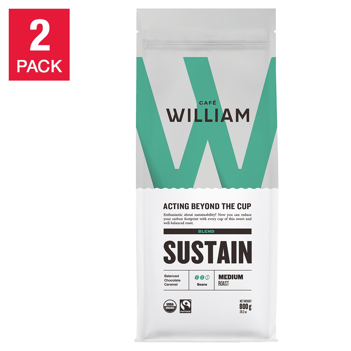 Café William Sustain Medium Roast Sustainable Organic Fairtrade Whole Bean Coffe