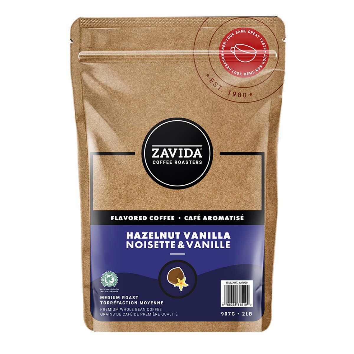 Zavida Hazelnut Vanilla Whole Bean Coffee, 907 g/ 2 LB, Exp:2026DE01
