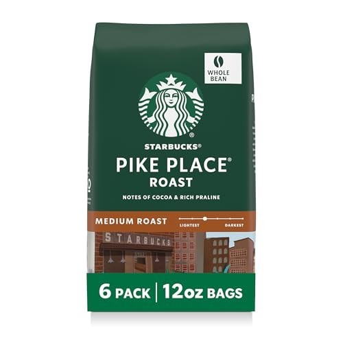 Medium Roast Whole Coffee Beans for Hot/Iced Coffee – Pike Place, 6 x 12oz Bags