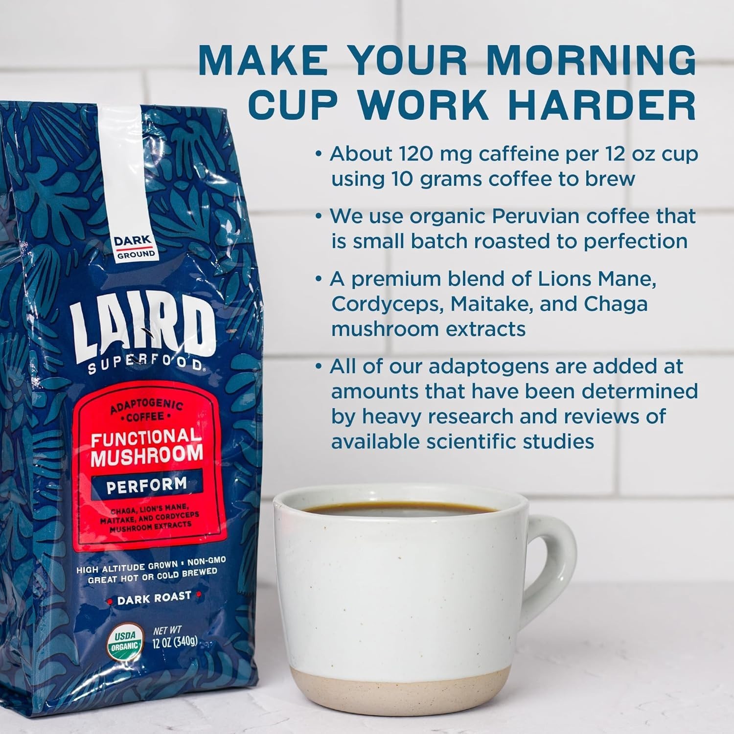 12 oz Organic Dark Roast Coffee Infused with Chaga & Lion’s Mane Mushrooms