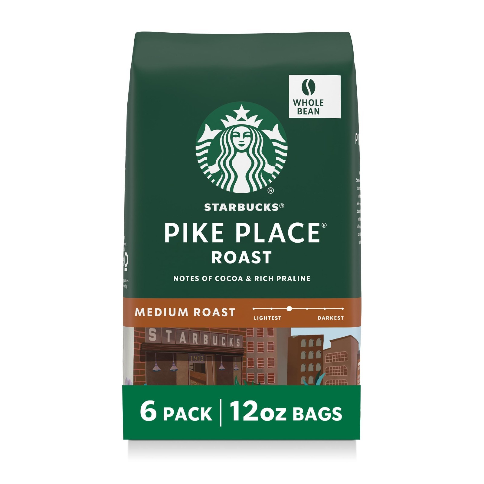 Medium Roast Whole Coffee Beans for Hot/Iced Coffee – Pike Place, 6 x 12oz Bags