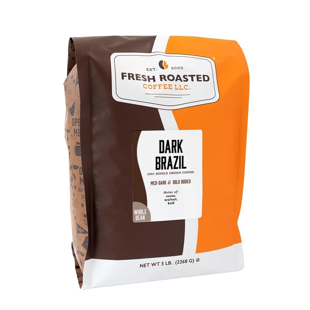 Whole Bean Coffee: 5lb Dark Brazil Med-Dark Roast, Kosher, Cerrado Arabica