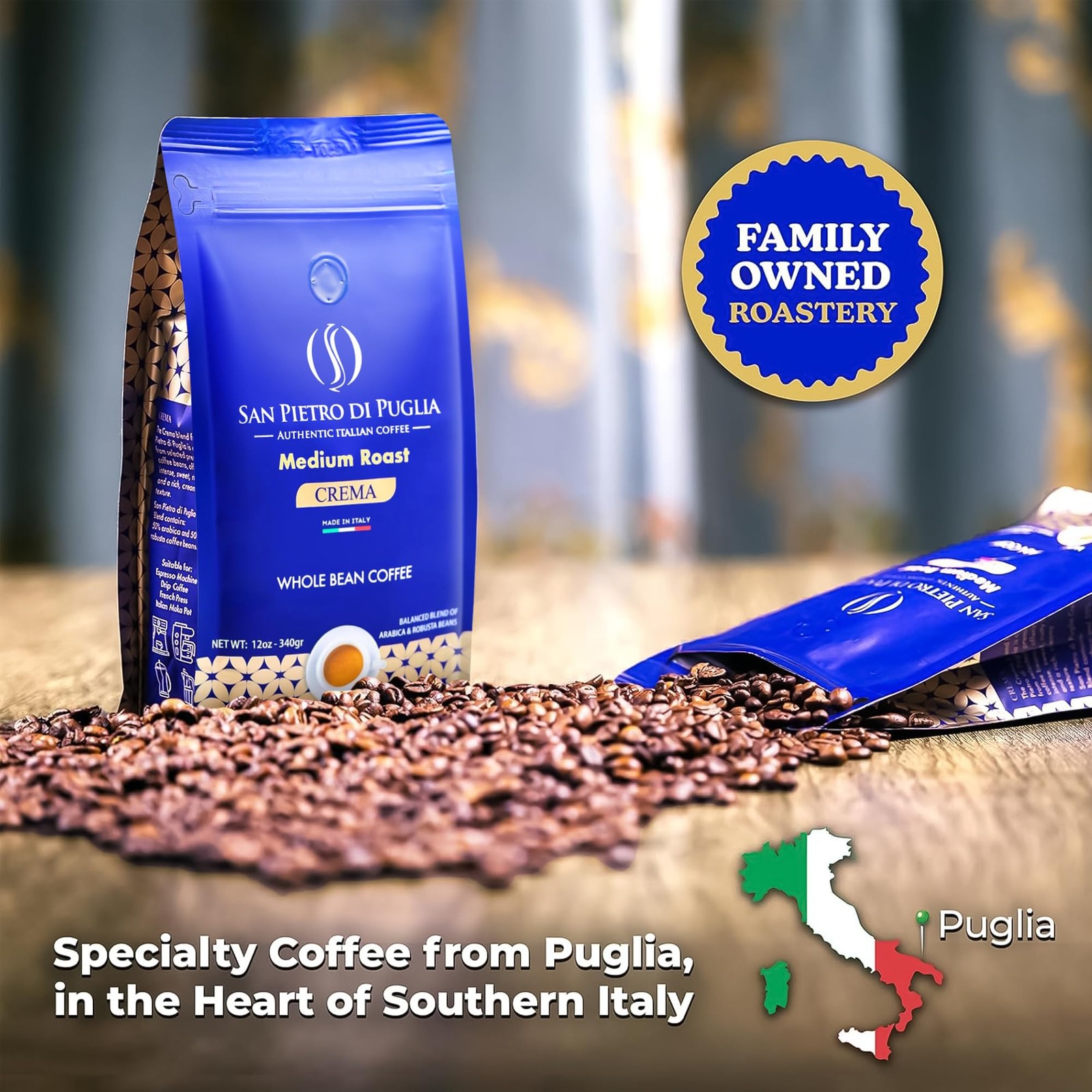 12oz Whole Bean Coffee Medium Roast Super Crema Arabica Robusta Blend Low Acid