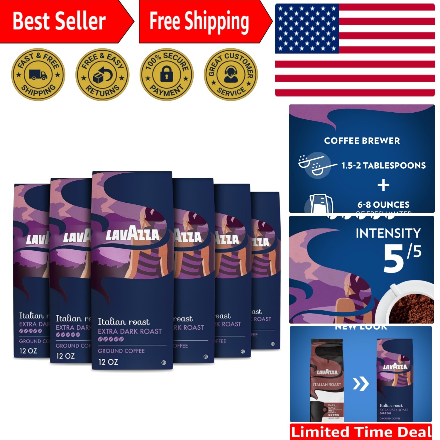 Dark Roast Italian Ground Coffee – 6 x 12oz Bags, 5/5 Intensity for Drip Brews