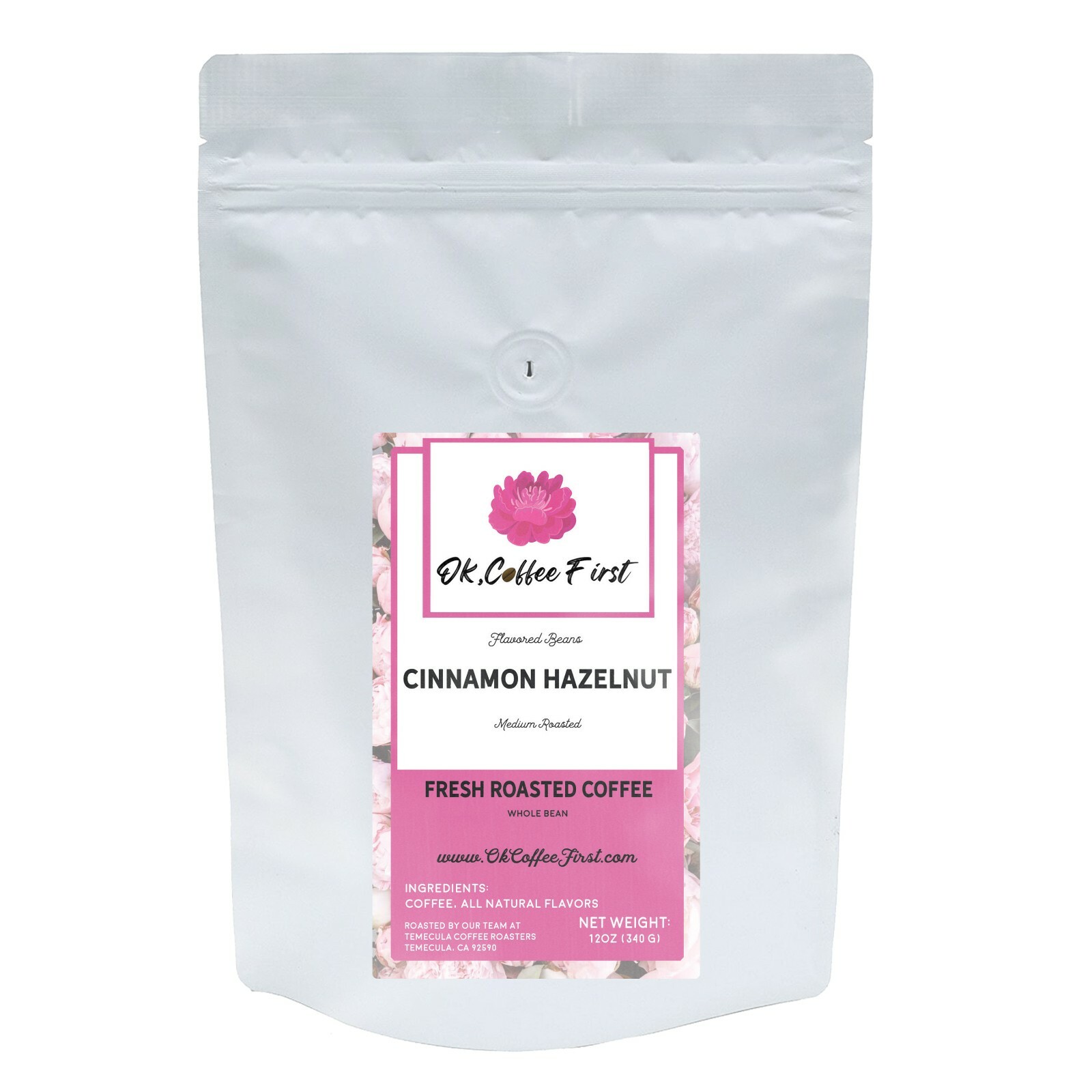 Cinnamon Hazelnut Flavored Coffee Medium Roast Whole Bean Fresh Roasted 12 oz