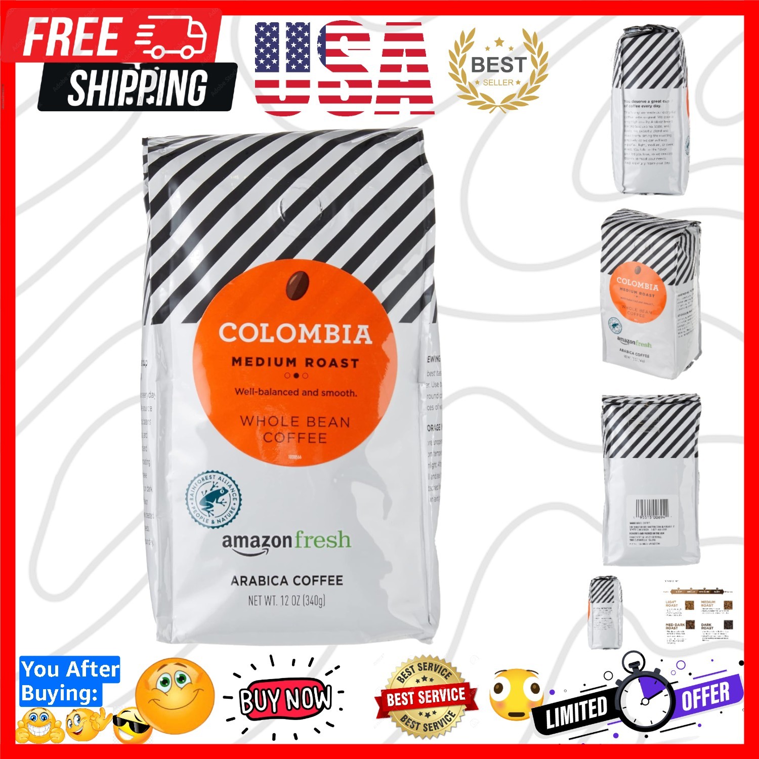 Luxury Colombian Whole Bean Coffee, Medium Roast – 3 x 12oz Bags for Freshness