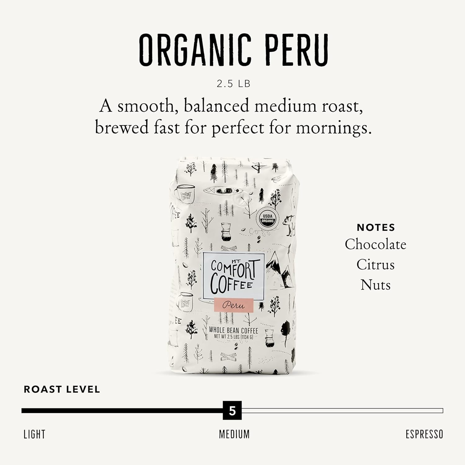 Organic Peru Medium Roast 2.5 Pounds Flavor Notes of Nutty Chocolate & Citrus