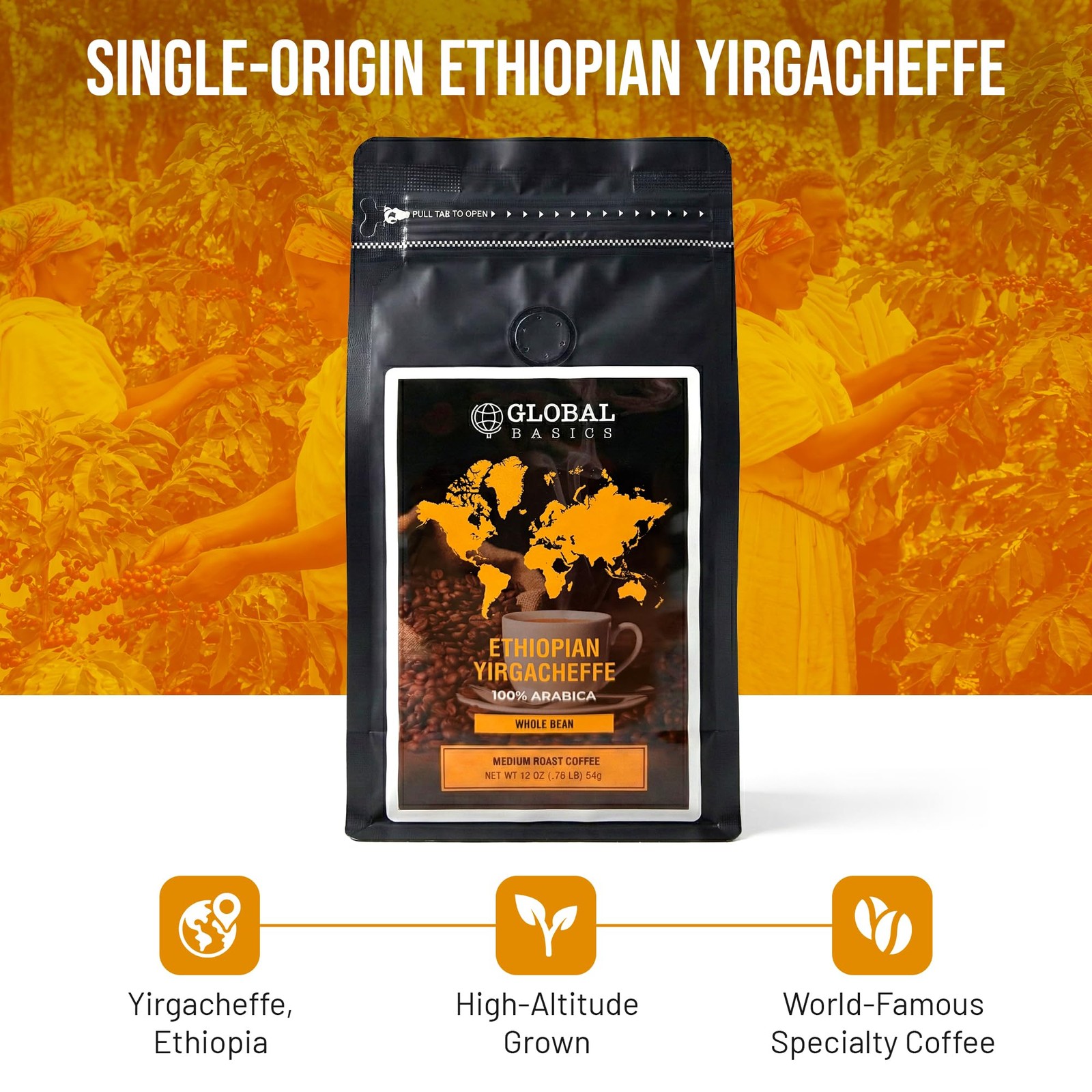 Ethiopian Yirgacheffe Whole Bean 12 Ounce Coffee Medium Roast Gourmet Fresh