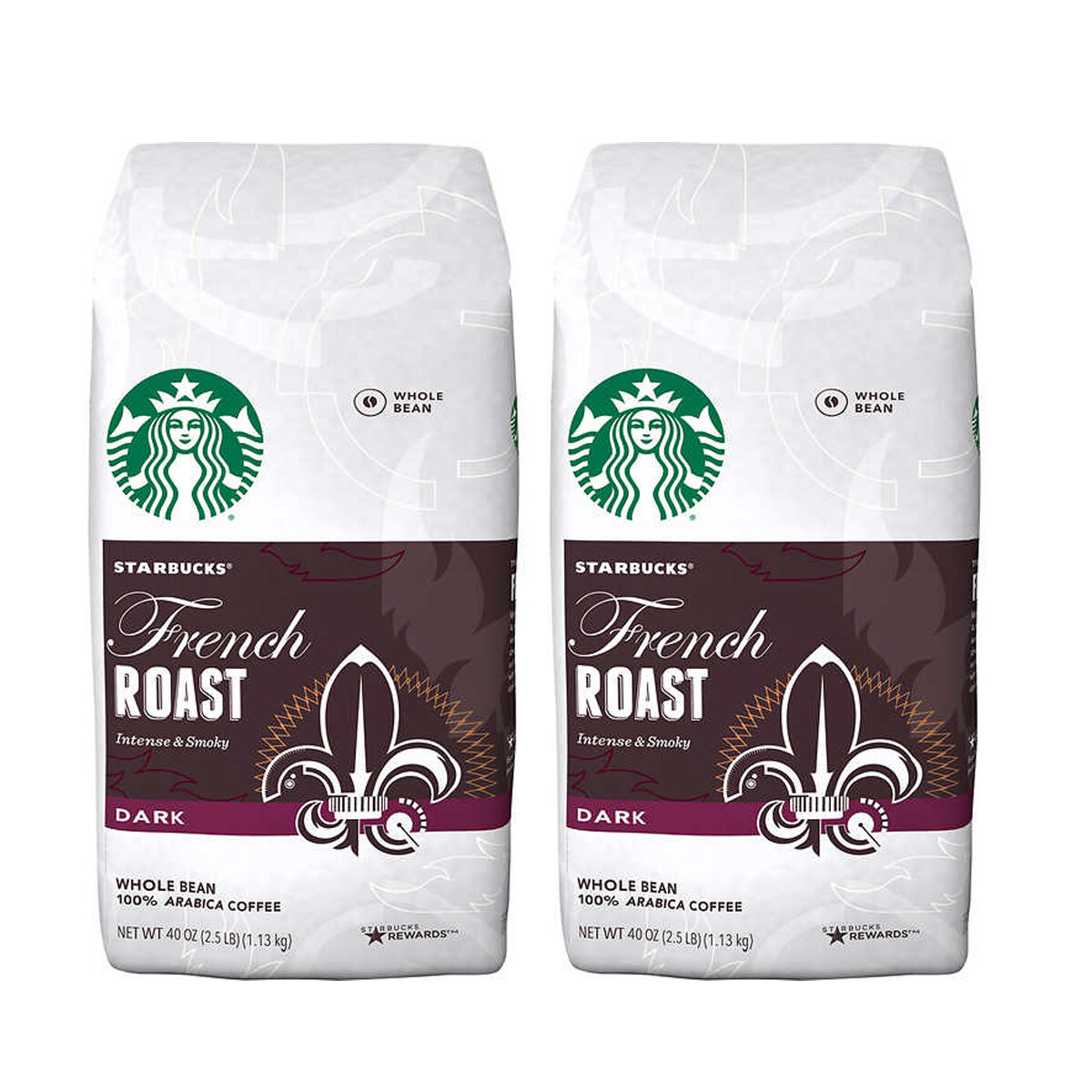 2Pk STARBUCKS French Roast DARK Whole Bean 100% Arabica Coffee 40 oz / 2.5 lb