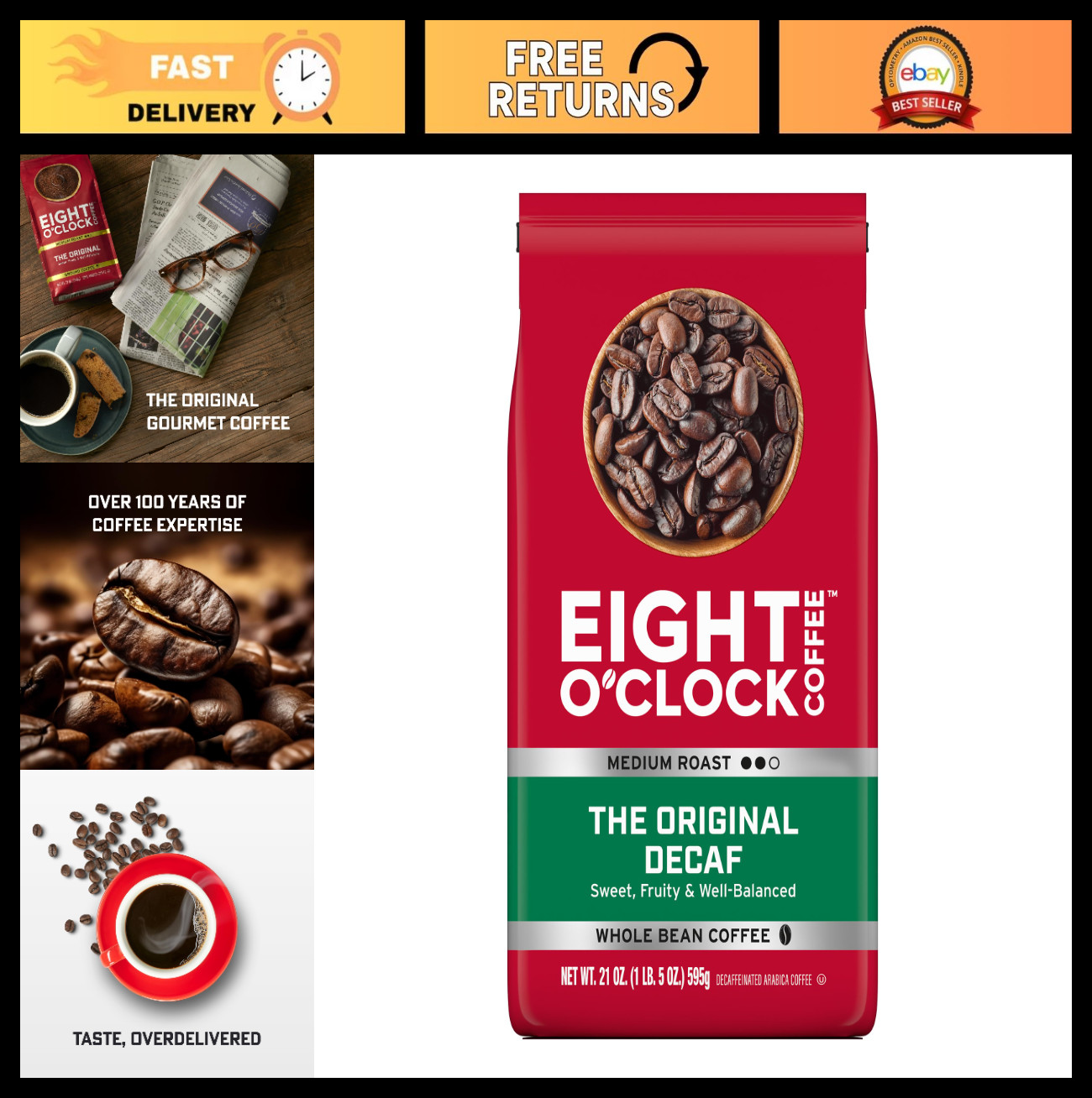 Decaf Medium Roast Whole Bean Coffee, 21oz – 100% Arabica, Smooth Flavor