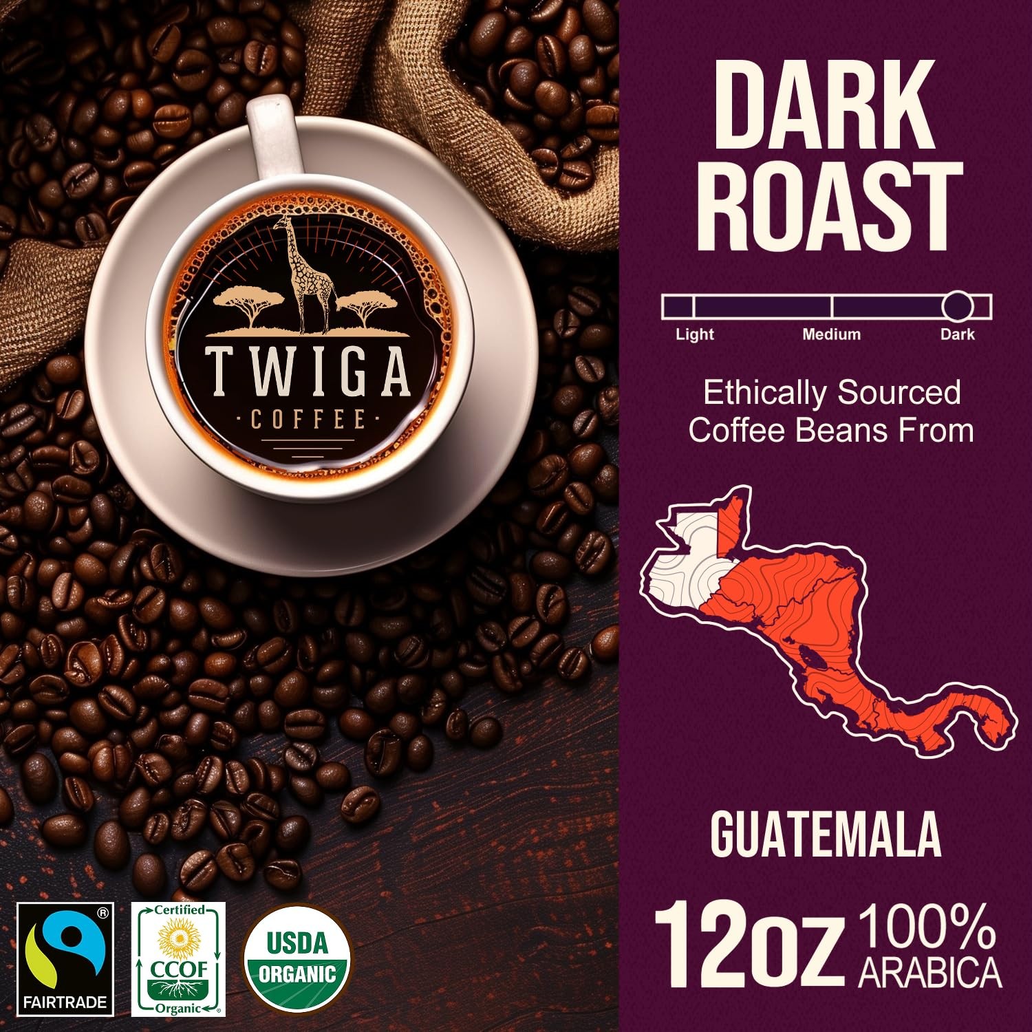 Guatemalan Premium Dark Roast Arabica Single Origin Whole Bean Coffee 12 Oz