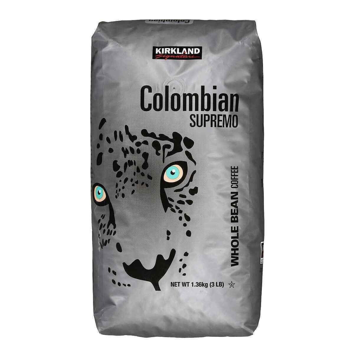 Kirkland Signature Colombian Supremo Coffee, Whole Bean, 3 lbs Medium Roast USA